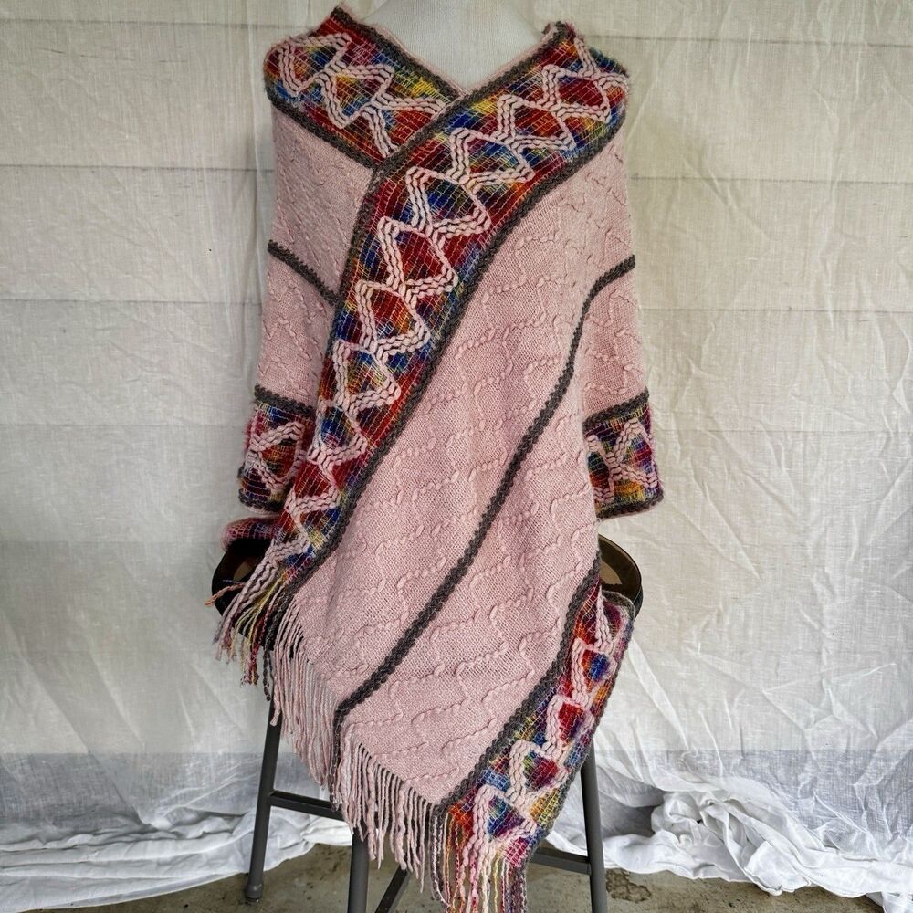Vintage Boho Knit Fringe Poncho Sweater Pink Multicolor Cable Knit Asymmetric OS